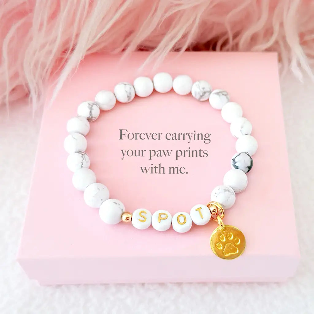 Custom Paw Print White Howlite Bracelet – Pet Keepsake or Memorial