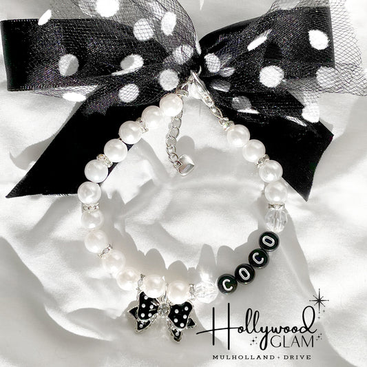 Hollywood Glam Pearl Dog Necklace with Black Polka Dot Bow - Mulholland Drive