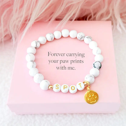 Custom Paw Print White Howlite Bracelet – Pet Keepsake or Memorial