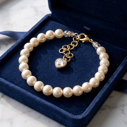 Classic Pearl Pet Necklace with Rhinestone Heart
