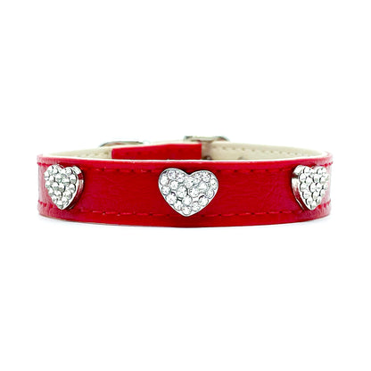 Diamond Hearts Cherry Red Faux Leather Dog Collar