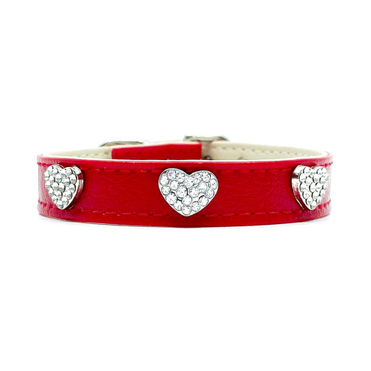 Diamond Hearts Cherry Red Faux Leather Dog Collar