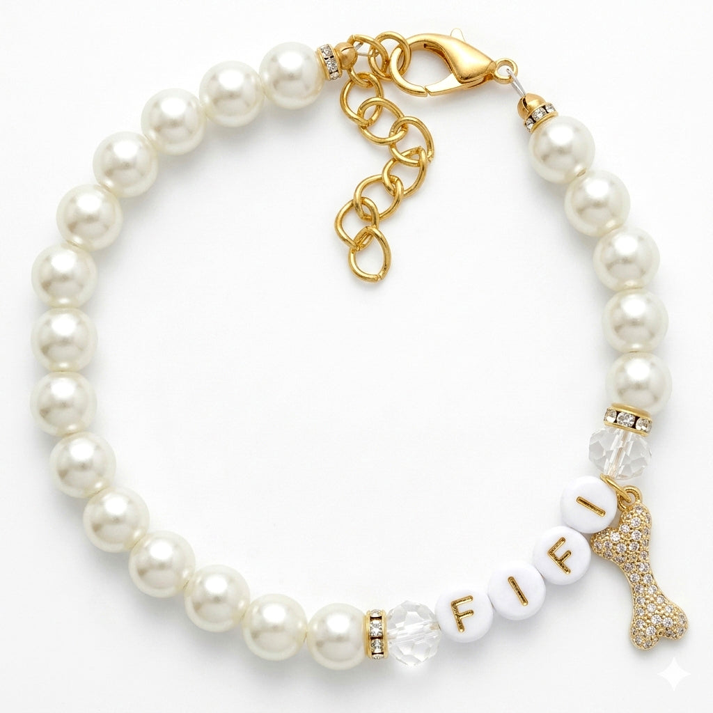 Rhinestone Bone Pearl Dog Necklace - Bone-Afide FiFi