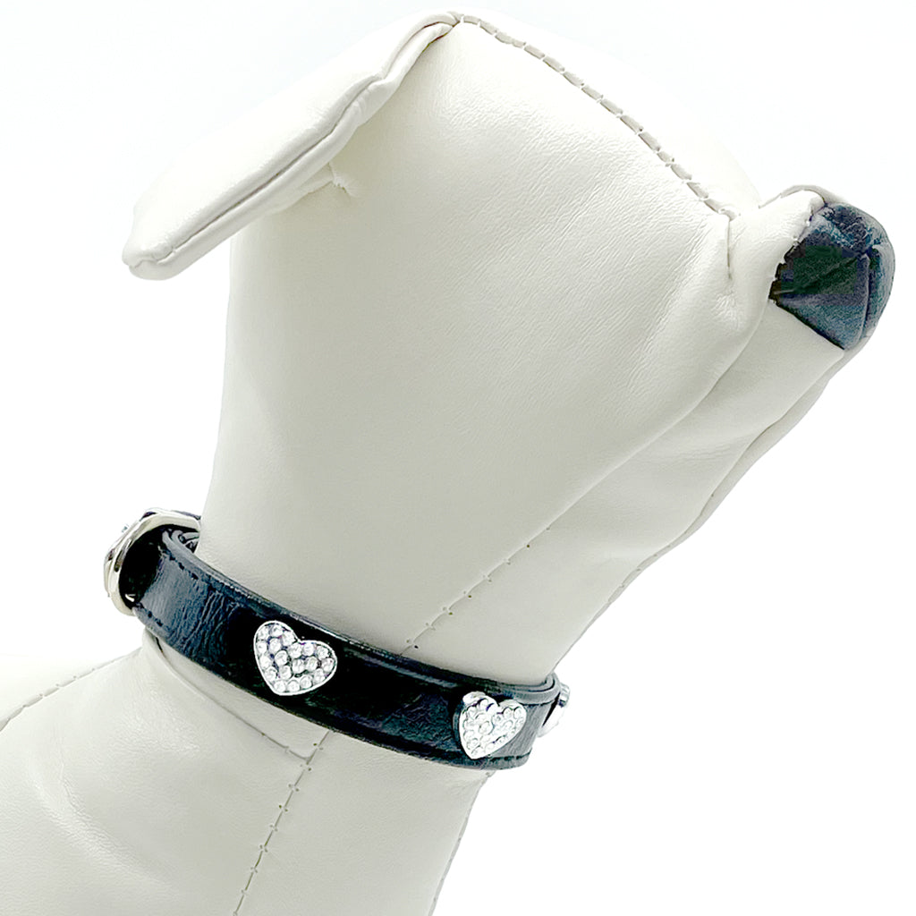 Diamond Hearts Black Faux Leather Dog Collar