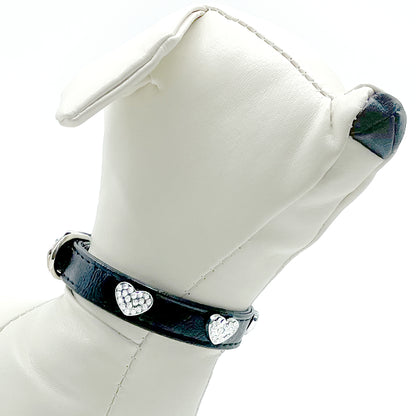 Diamond Hearts Black Faux Leather Dog Collar
