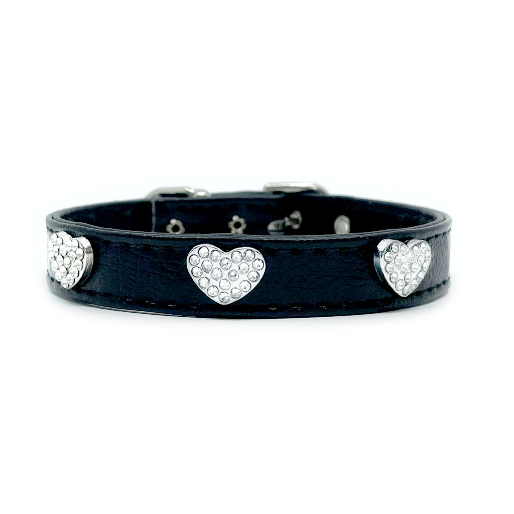 Diamond Hearts Black Faux Leather Dog Collar