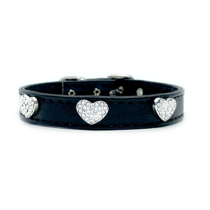 Diamond Hearts Black Faux Leather Dog Collar