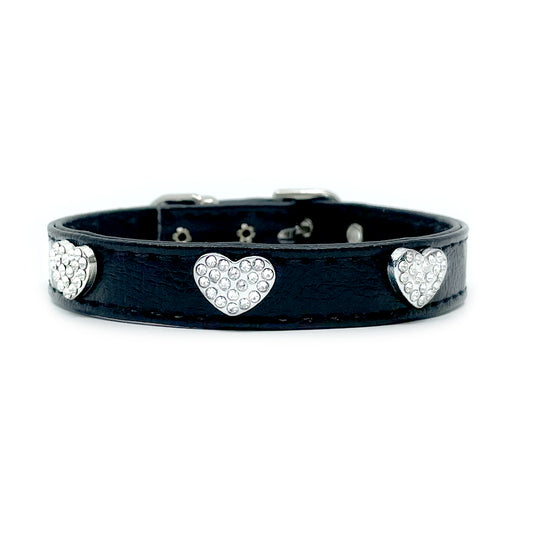 Diamond Hearts Black Faux Leather Dog Collar