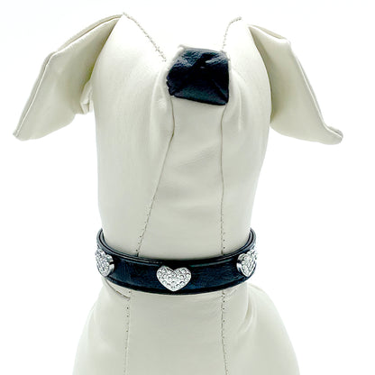 Diamond Hearts Black Faux Leather Dog Collar