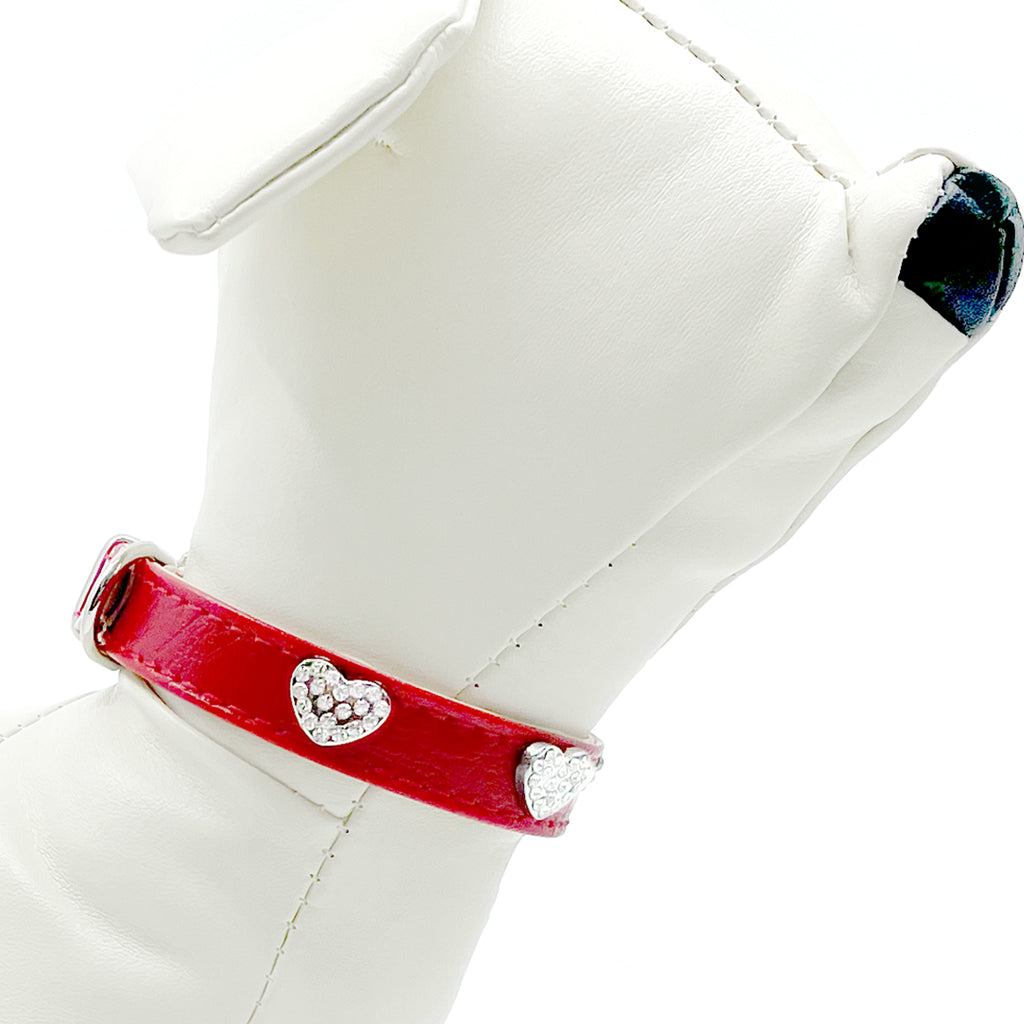 Diamond Hearts Cherry Red Faux Leather Dog Collar