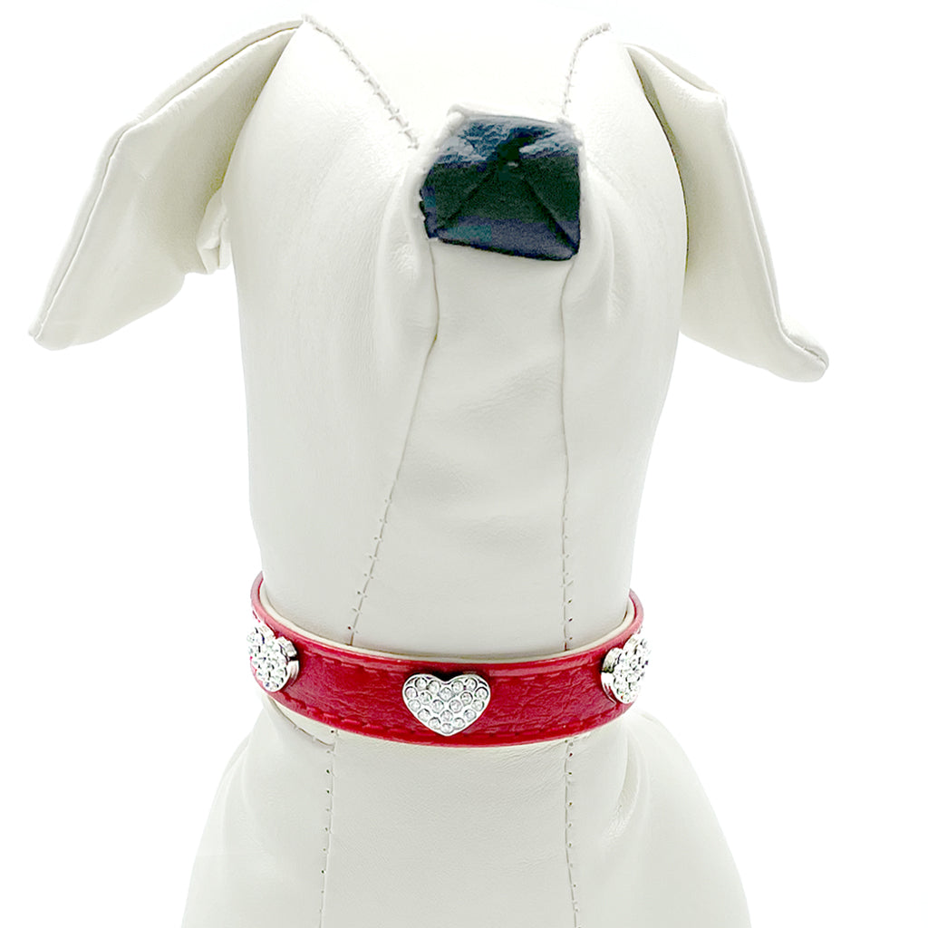 Diamond Hearts Cherry Red Faux Leather Dog Collar