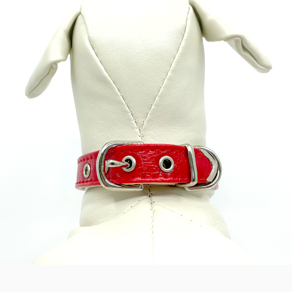 Diamond Hearts Cherry Red Faux Leather Dog Collar