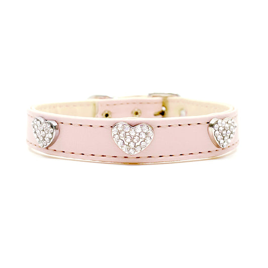 Diamond Hearts Petal Pink Faux Leather Dog Collar