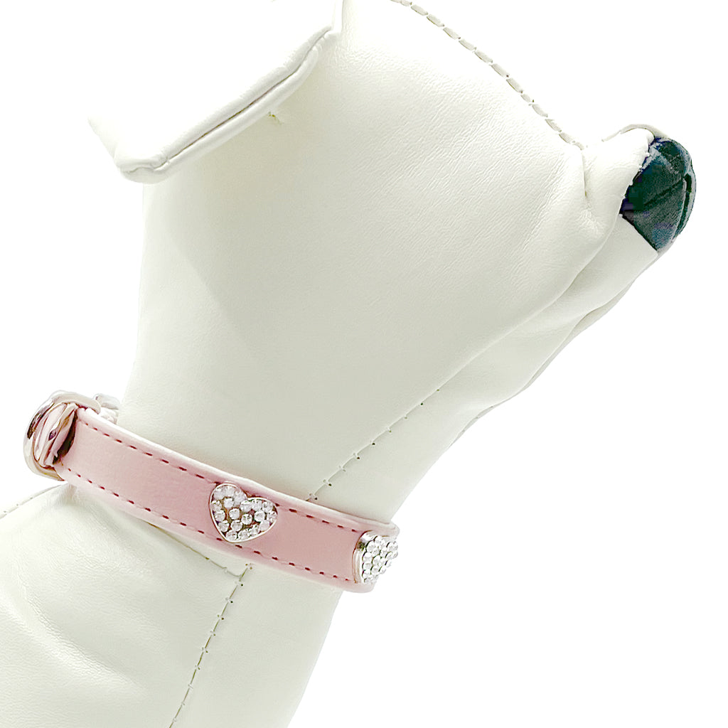 Diamond Hearts Petal Pink Faux Leather Dog Collar