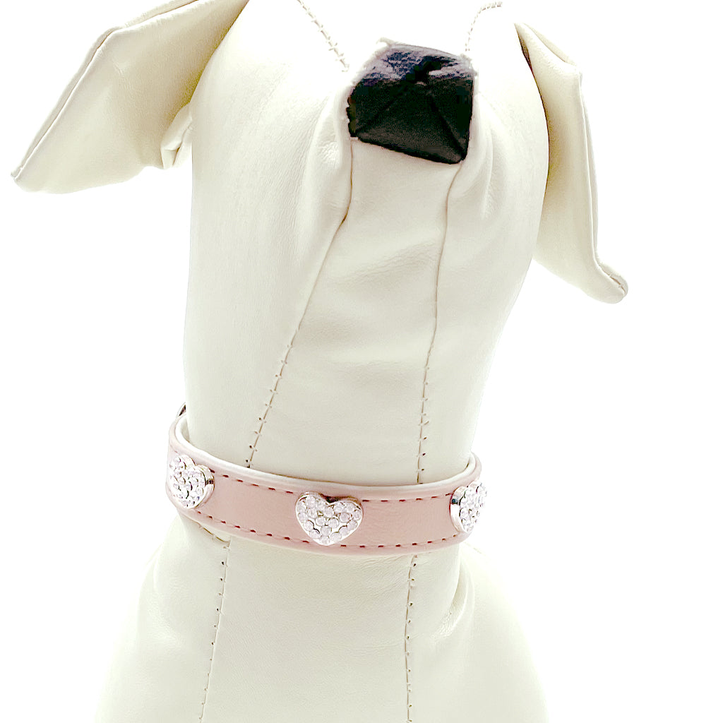 Diamond Hearts Petal Pink Faux Leather Dog Collar