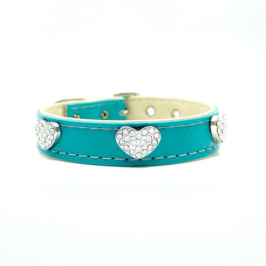 Diamond Hearts Turquoise Faux Leather Dog Collar