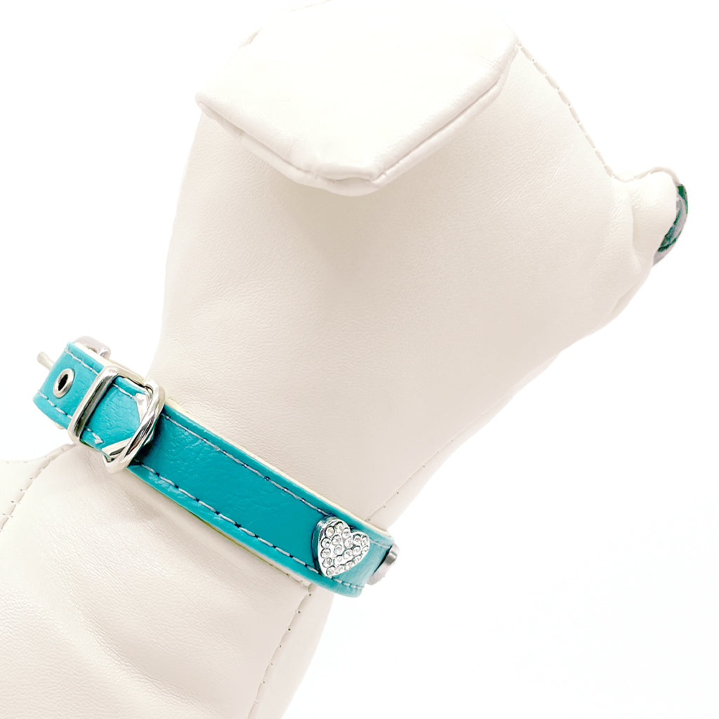 Diamond Hearts Turquoise Faux Leather Dog Collar