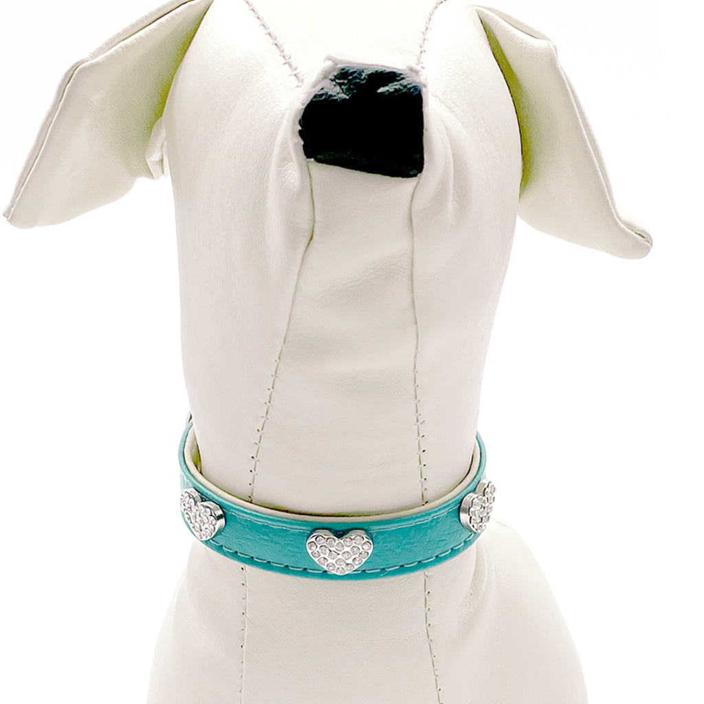 Diamond Hearts Turquoise Faux Leather Dog Collar
