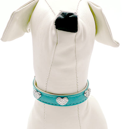 Diamond Hearts Turquoise Faux Leather Dog Collar