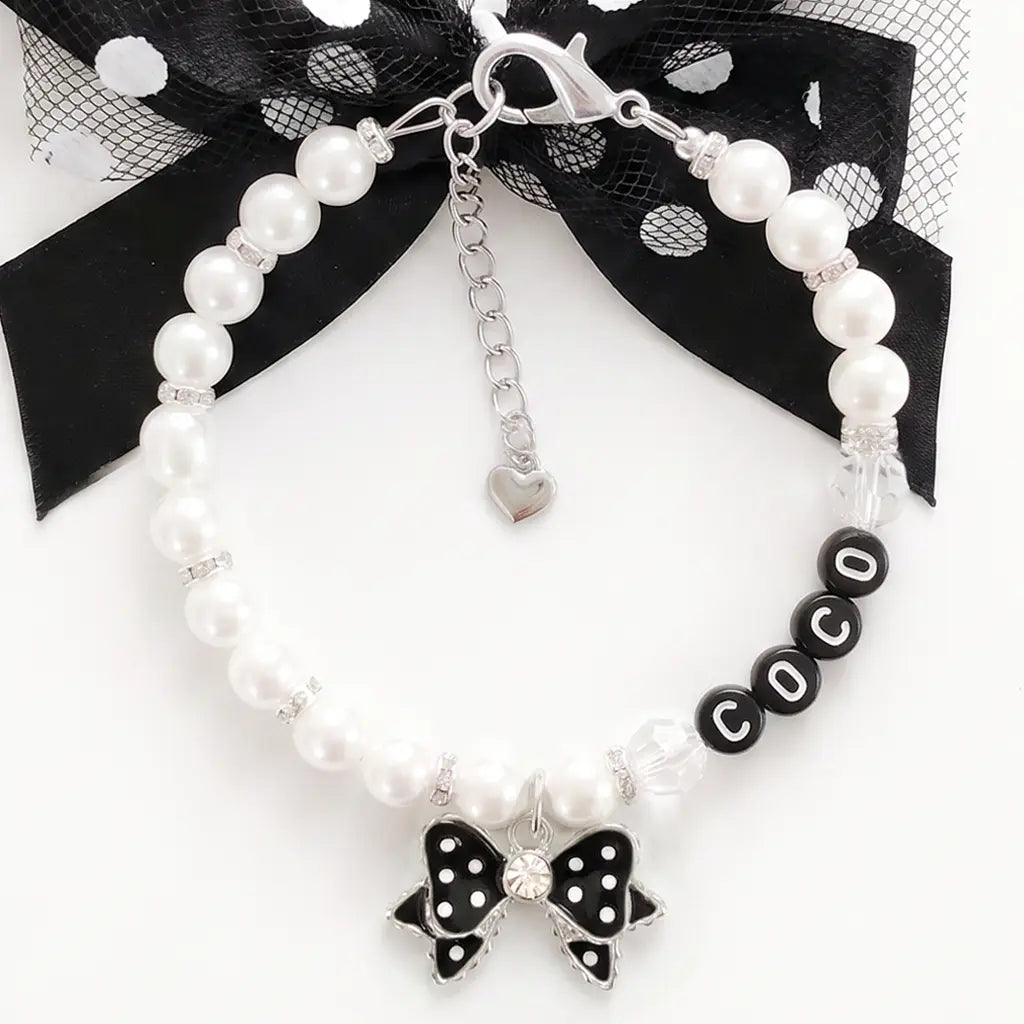 Hollywood Glam Pearl Dog Necklace Black Polka Dot Bow - Mulholland Drive