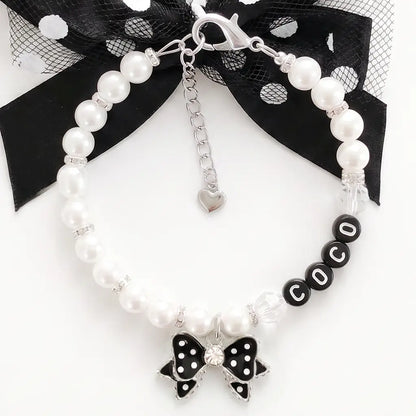 Hollywood Glam Pearl Dog Necklace Black Polka Dot Bow - Mulholland Drive