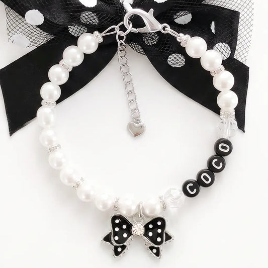 Hollywood Glam Pearl Dog Necklace Black Polka Dot Bow - Mulholland Drive