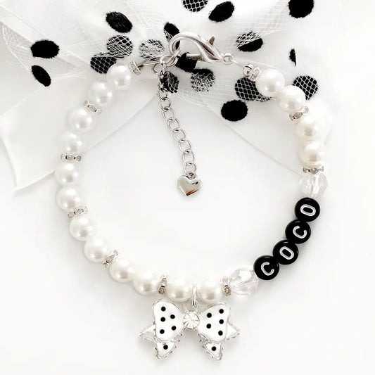 Hollywood Glam Pearl Pet Necklace Polka Dot Bow - Rodeo Drive