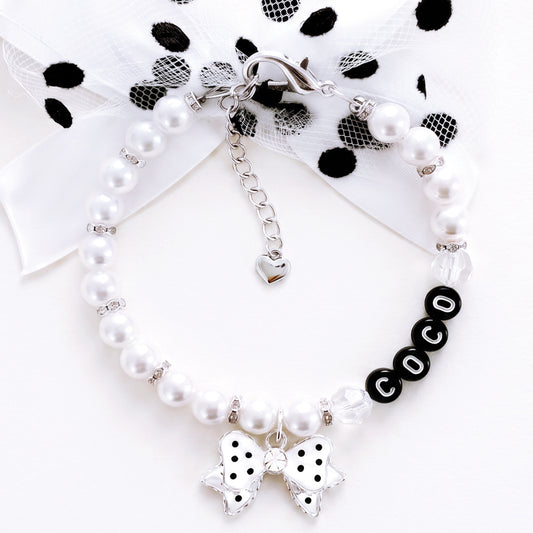 Hollywood Glam Pearl Pet Necklace Polka Dot Bow - Rodeo Drive