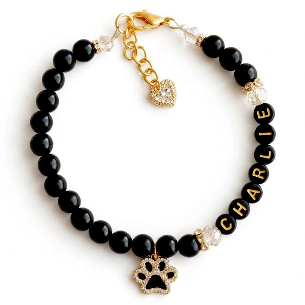 Black Beaded 18k Gold Paw Print Dog & Cat Necklace