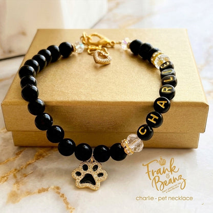 Black Beaded 18k Gold Paw Print Dog & Cat Necklace