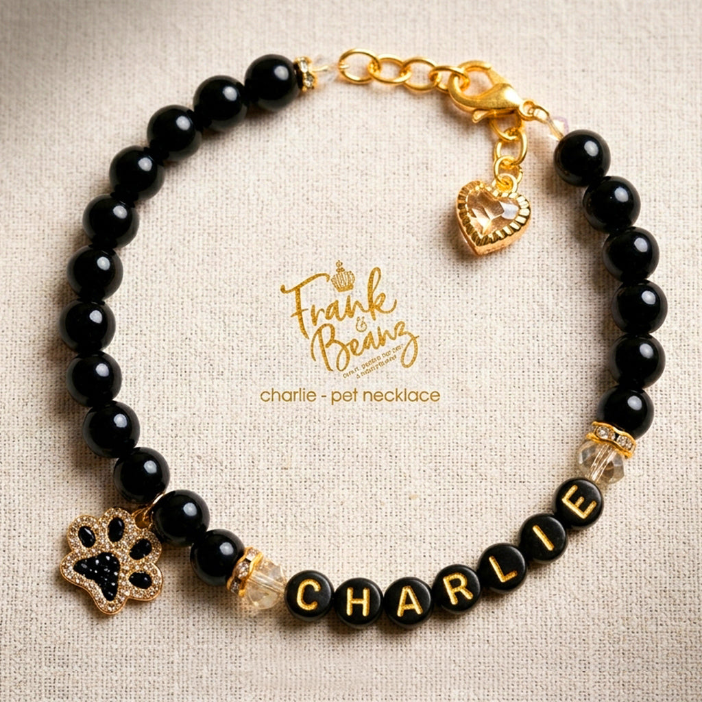 Black Beaded 18k Gold Paw Print Dog & Cat Necklace