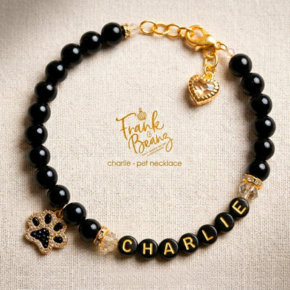Black Beaded 18k Gold Paw Print Dog & Cat Necklace