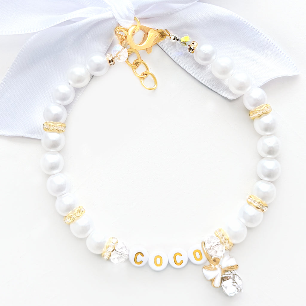 White Crystal Bow Pearl Pet Necklace for Cats & Dogs