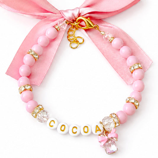 Personalized Pink Bow Beaded Dog & Cat Necklace