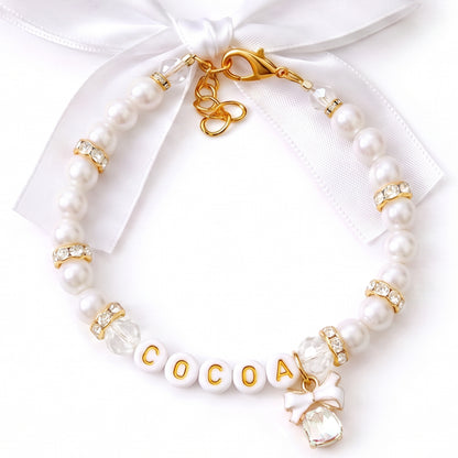 White Bow Personalized Pearl Dog & Cat Necklace