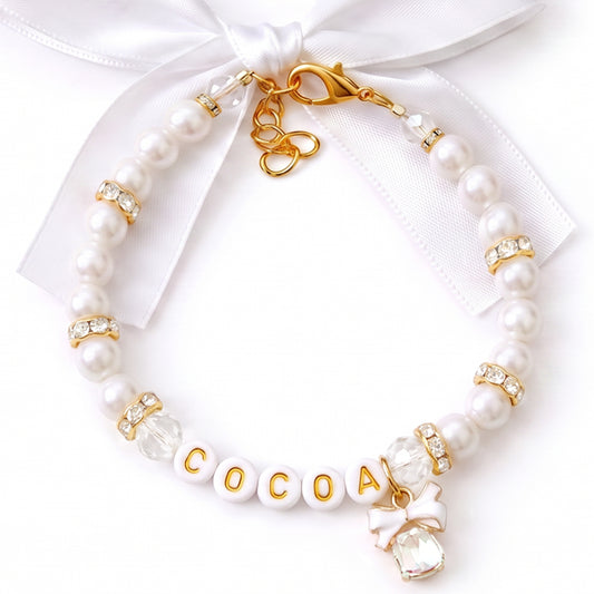White Bow Personalized Pearl Dog & Cat Necklace