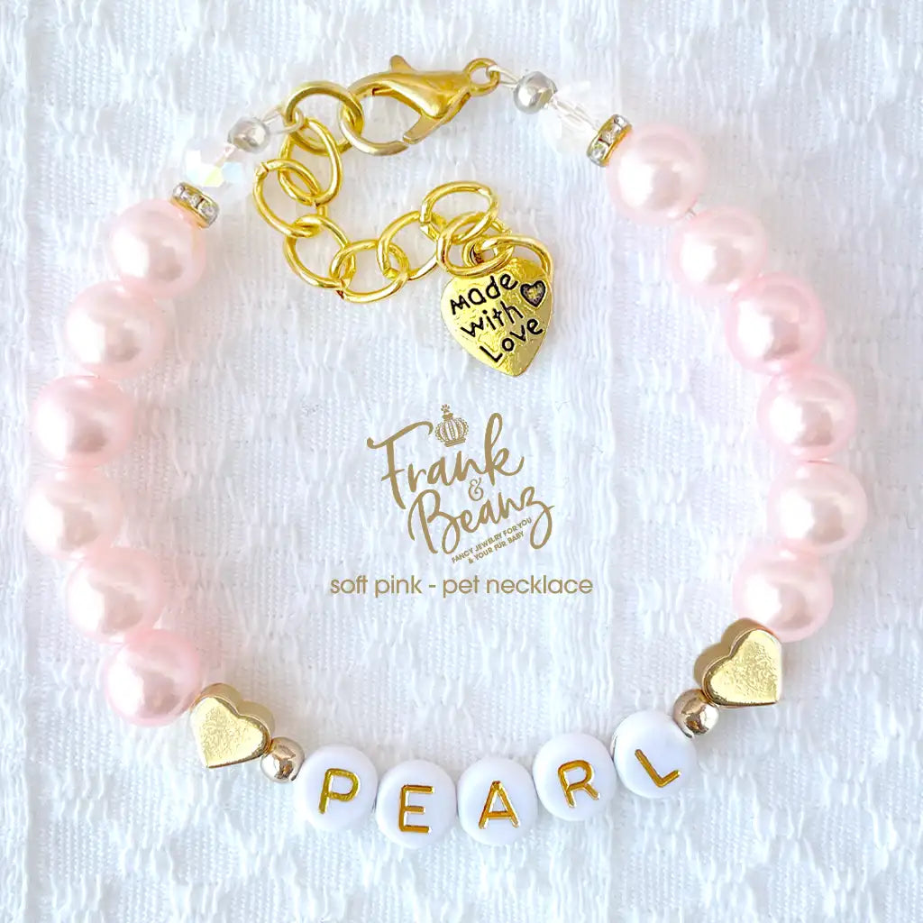 14k Gold Hearts Personalized Color Pearl Dog & Cat Necklace
