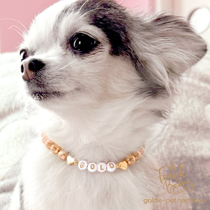 Champagne Pearls 14k Gold Hearts Dog & Cat Necklace with Name