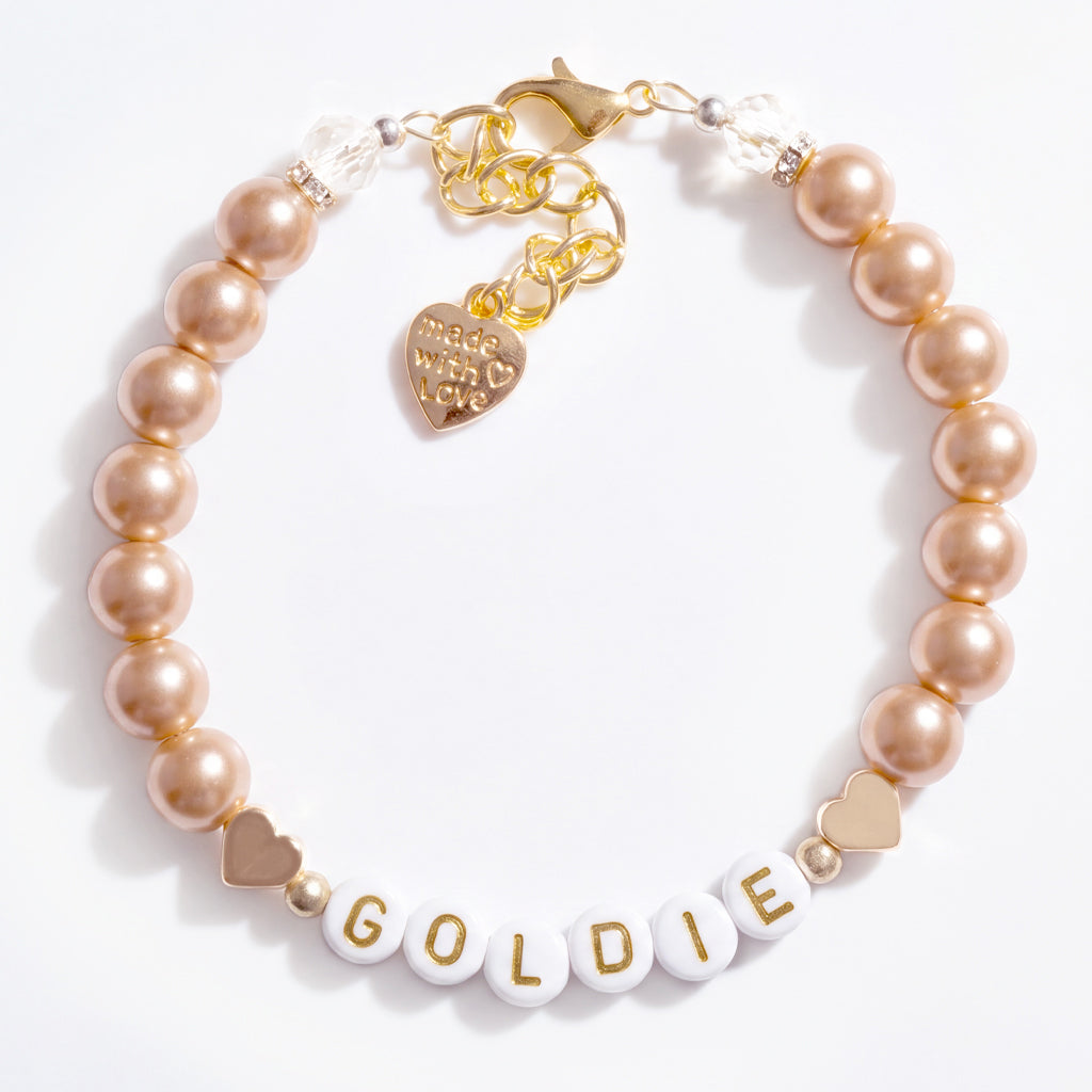 Champagne Pearls 14k Gold Hearts Dog & Cat Necklace with Name
