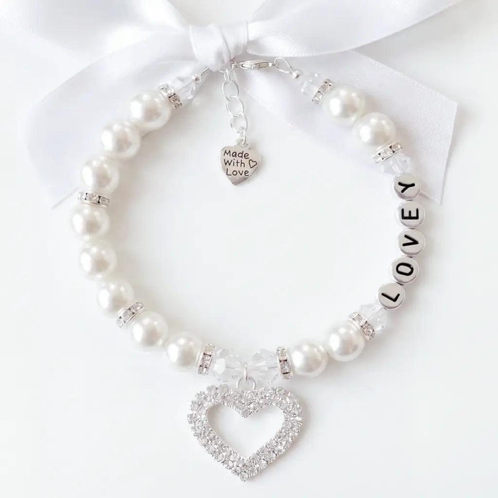 Rhinestone Heart Wedding White Pearl Pet Necklace