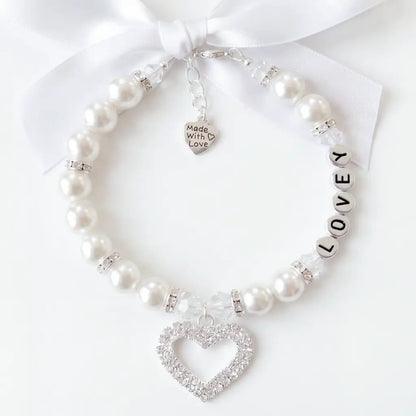 Rhinestone Heart Wedding White Pearl Pet Necklace