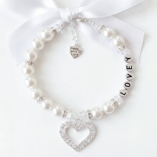 Rhinestone Heart Wedding White Pearl Pet Necklace