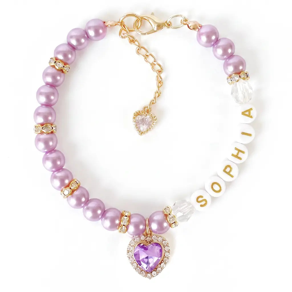 Sophia Lavender Rhinestone Heart Pearl Dog Necklace Luxury Pet Jewelry