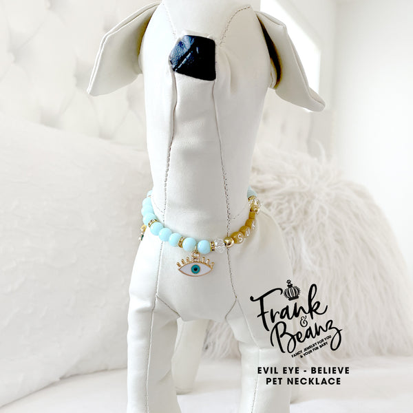 Evil Eye Believe Arctic Blue Pearl Dog Necklace Fancy Cat Necklace