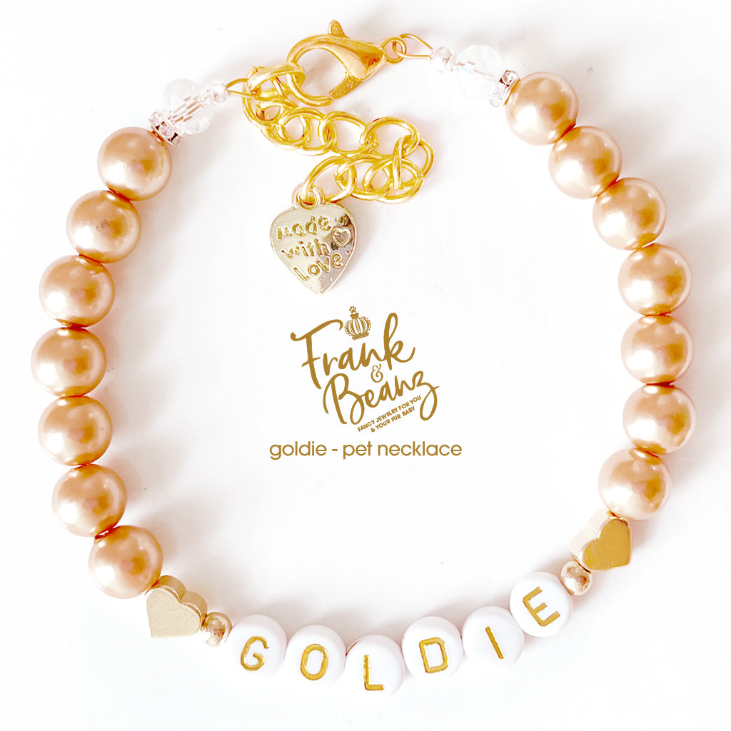 Champagne Pearls 14k Gold Hearts Dog & Cat Necklace with Name