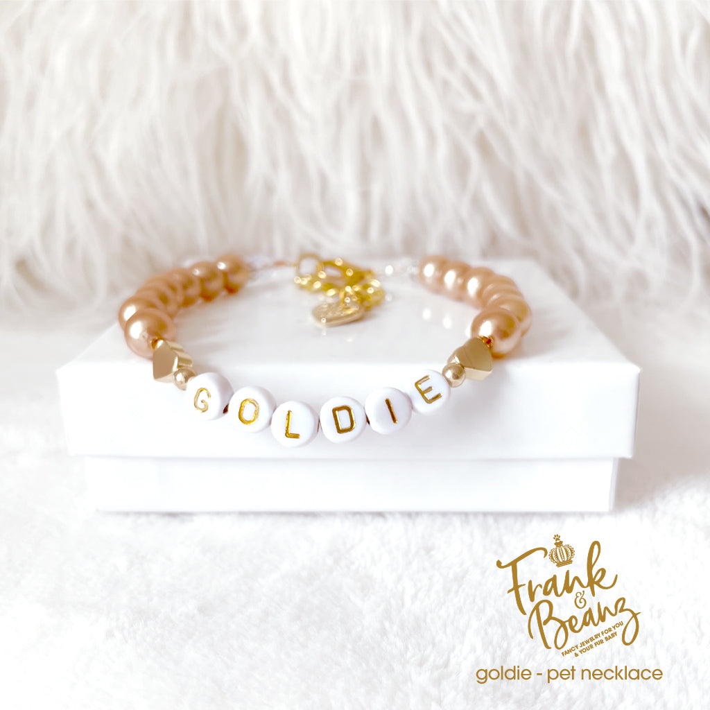 Champagne Pearls 14k Gold Hearts Dog & Cat Necklace with Name
