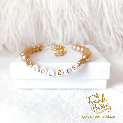 Champagne Pearls 14k Gold Hearts Dog & Cat Necklace with Name