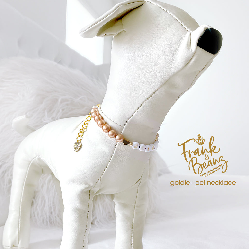 Champagne Pearls 14k Gold Hearts Dog & Cat Necklace with Name