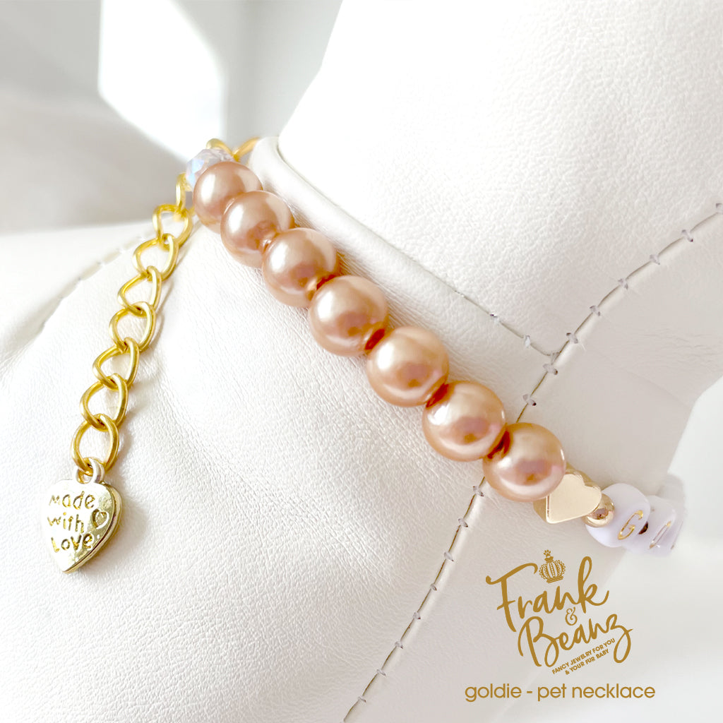 Champagne Pearls 14k Gold Hearts Dog & Cat Necklace with Name