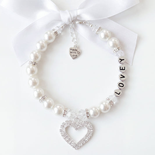 Rhinestone Heart Wedding White Pearl Pet Necklace